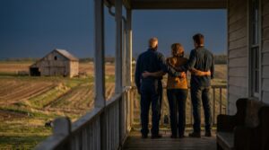 Família reunida na varanda de propriedade rural ao entardecer, ilustrando a decisão sobre holding familiar