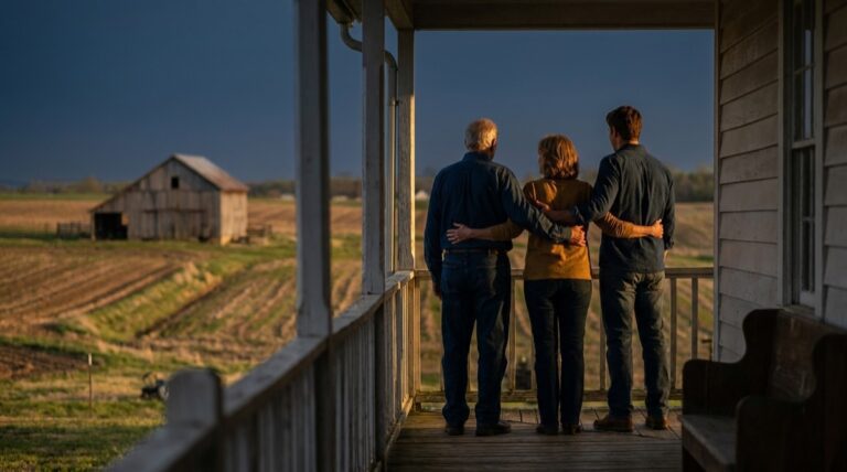 Família reunida na varanda de propriedade rural ao entardecer, ilustrando a decisão sobre holding familiar