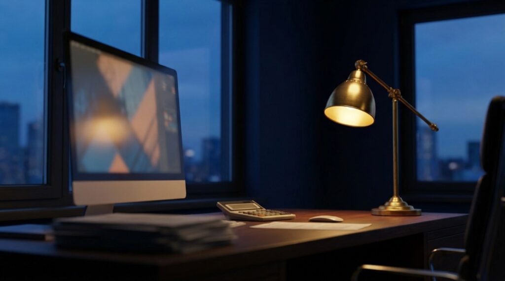 Mesa de retaguarda financeira ao anoitecer com monitor, calculadora e documentos, ilustrando o BPO financeiro