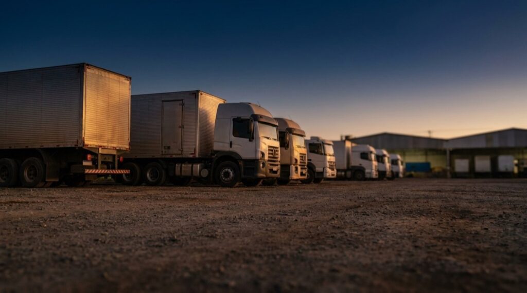 Pátio logístico com caminhões de carga ao entardecer, ilustrando o registro obrigatório no CIOT para frete rodoviário