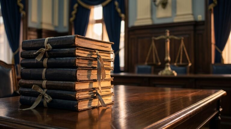 Pilha de autos e processos sobre mesa de madeira em tribunal, ilustrando o filtro de relevância no recurso especial do STJ