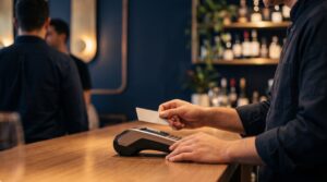 Trabalhador pagando refeição em restaurante com cartão de benefício na maquininha