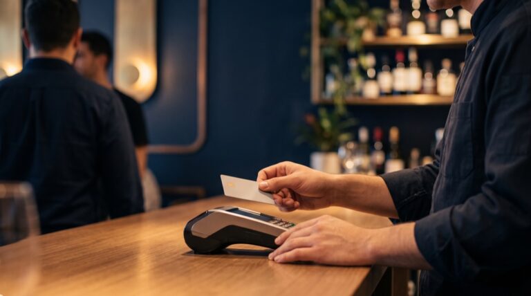 Trabalhador pagando refeição em restaurante com cartão de benefício na maquininha