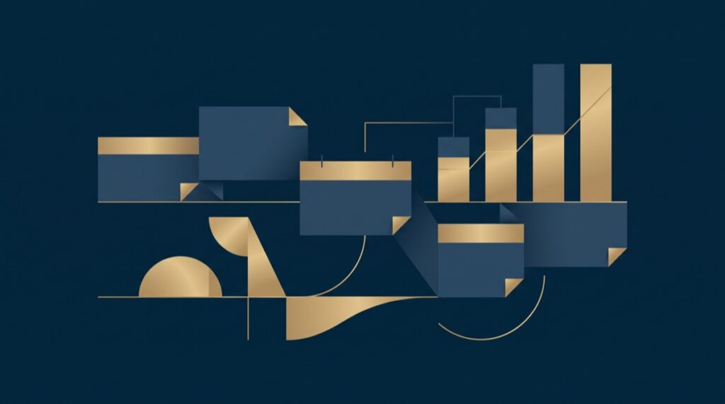 Ilustração abstrata representando calendário fiscal e cálculo tributário em navy e dourado
