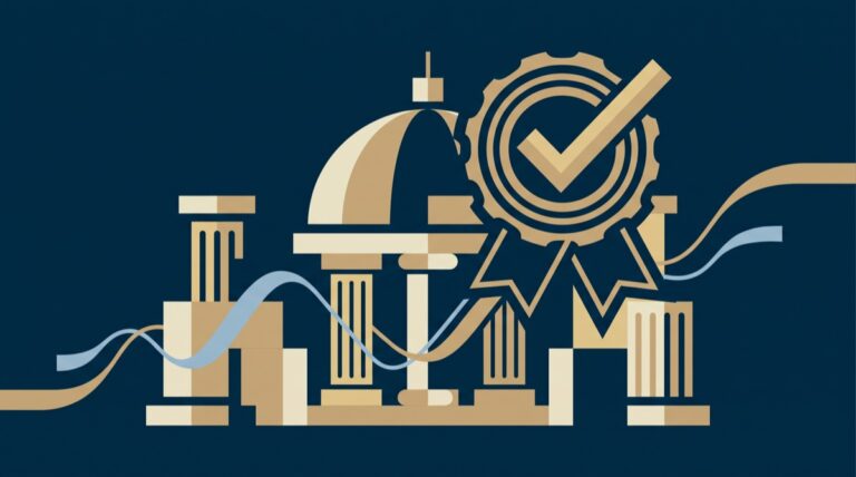 Ilustração abstrata representando congresso nacional e aprovação legislativa em navy e dourado