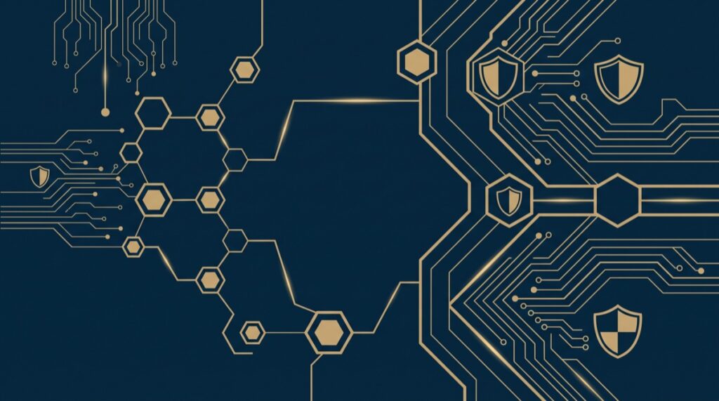 Ilustração abstrata representando infraestrutura digital de pagamentos em navy e dourado