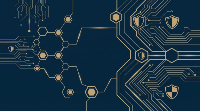 Ilustração abstrata representando infraestrutura digital de pagamentos em navy e dourado