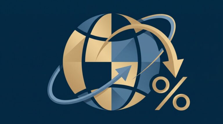 Ilustração abstrata representando investimento internacional e desconto tributário em navy e dourado