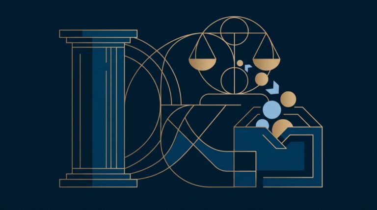 Ilustração abstrata representando balança da justiça e recuperação de valores em navy e dourado