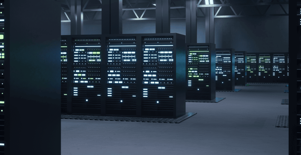 Corredor de servidores de data center representando os incentivos fiscais do Redata